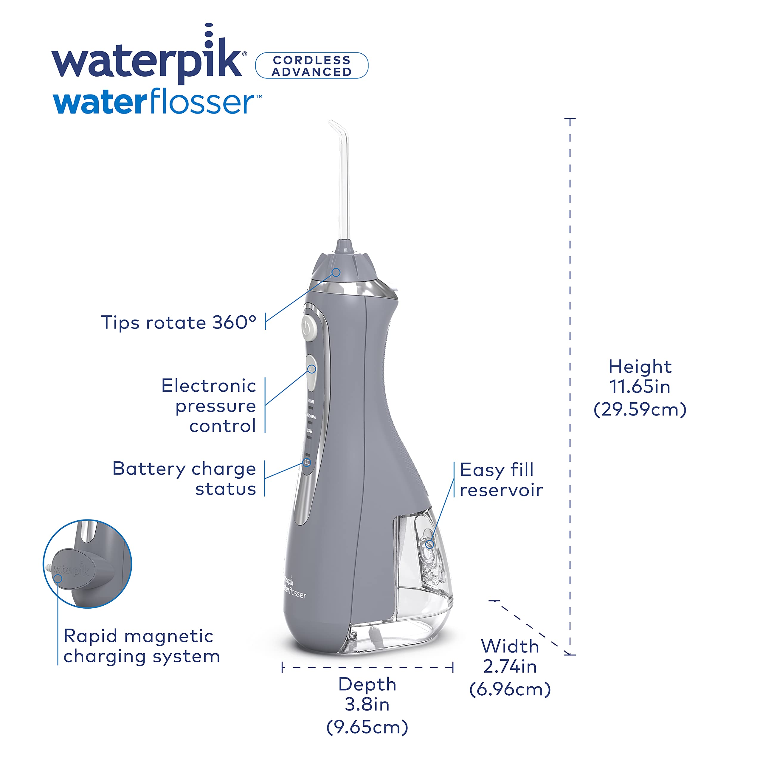 Waterpik Cordless Advanced Water Flosser Portable, Waterproof, Gray WP-567 (7740287877358)